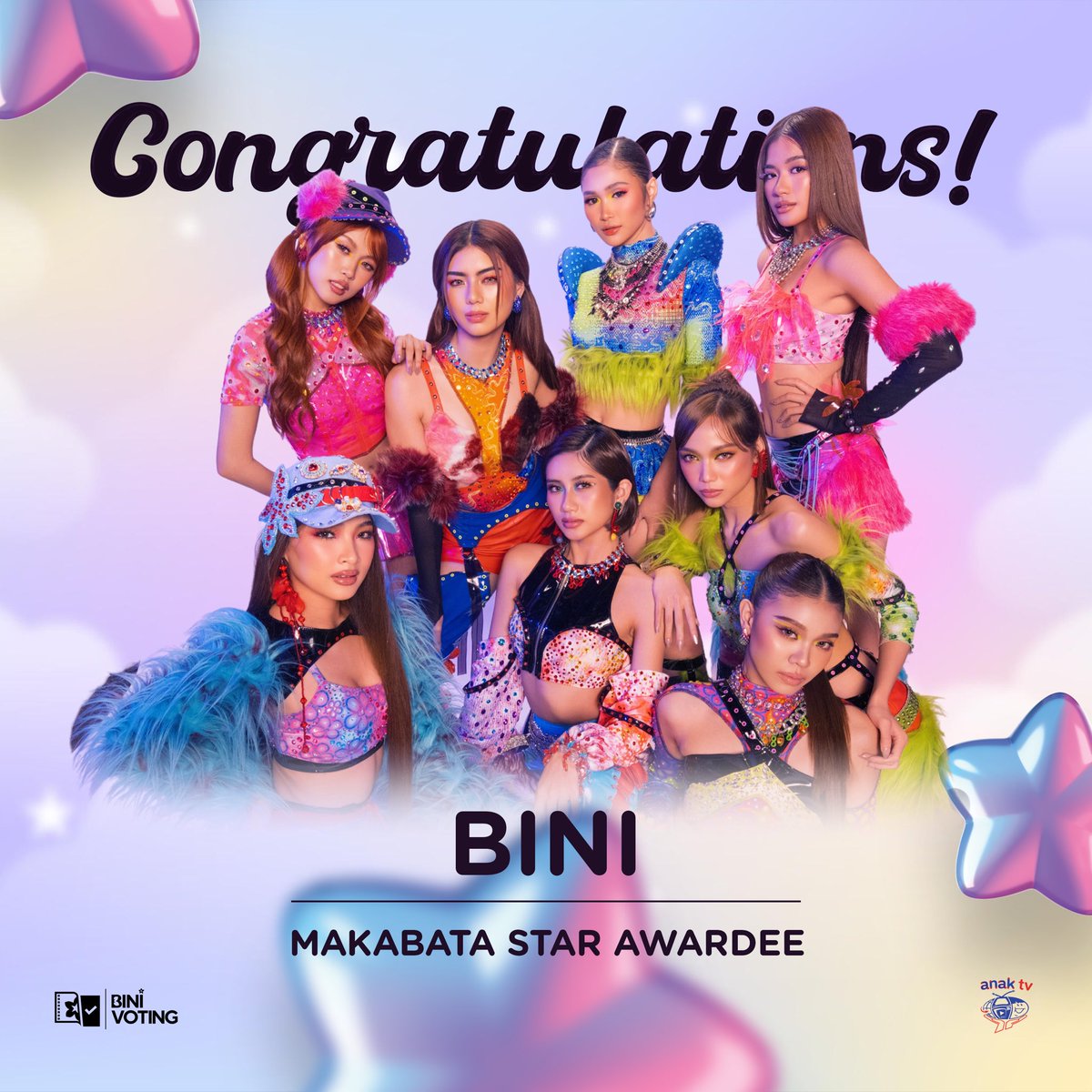 [🏆] NET Makabata Star 2025 

BINI has officially been awarded as one of the Makabata Star Awardee at the Anak TV NET Makabata Star 2025! 🌟

This recognition honors their positive influence, inspiring presence, and the joy they bring to young audiences everywhere.