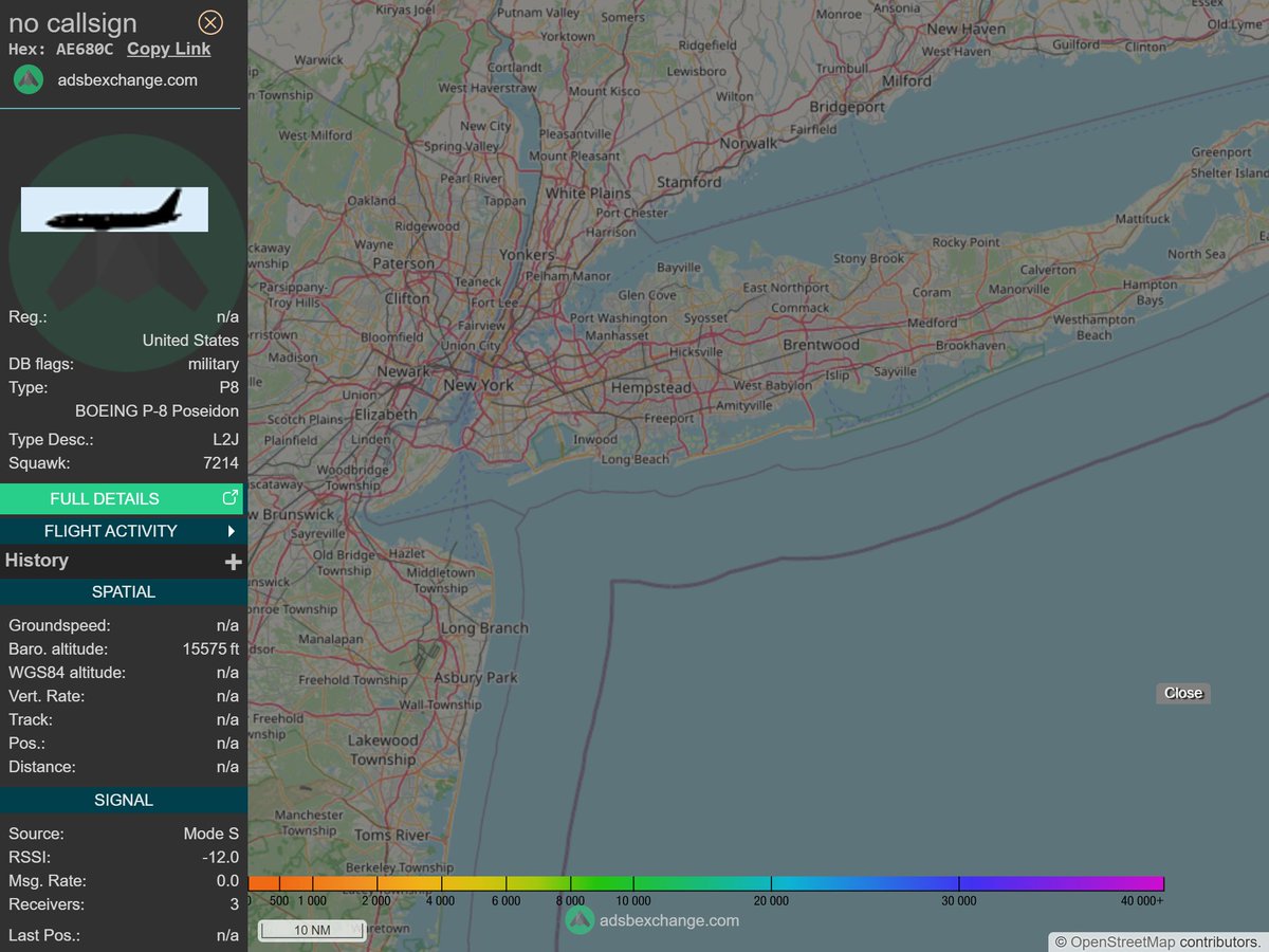 IntelskyB's tweet image. 🇺🇸 ✈️ United States Air Force - BOEING P-8 Poseidon (AE680C, n) N/A was spotted over 🇵🇭 Southern Manila District - Philippines.
🔴 Live tracking:
1-global.adsbexchange.com/?icao=AE680C
2-flightradar24.com/AE680C
3-airnavradar.com/mode-s/AE680C
#OSINT #SIGINT #ADSB
