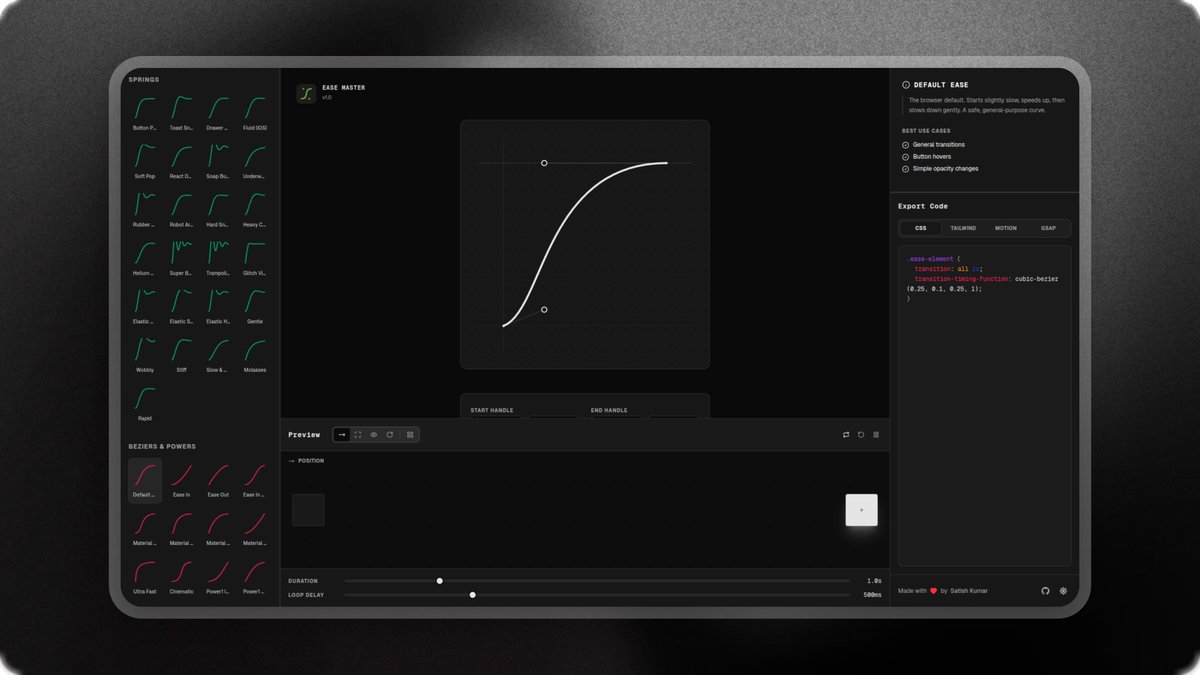 iamsatish4564's tweet image. Introducing EaseMaster — the ultimate easing generator for modern frontend developers.

✨ Visualize Bezier Curves &amp;amp; Spring Physics side-by-side
🌀 Generate linear() approximations for bouncy CSS
📦 Export to Tailwind, Motion, GSAP, and CSS

It&apos;s open source. 👇
