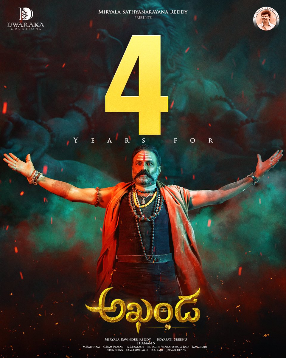 dwarakacreation's tweet image. Celebrating 4 Years of #Akhanda! 🦁

A cinematic storm that blended mass, mythology, and sheer intensity into an experience we still feel today.🔥🙏

#4YearsOfAkhanda
#4YearsOfAkhandaMassJathara

#NandamuriBalakrishna #BoyapatiSrinu @ItsMePragya @MusicThaman #MiryalaRavinderReddy