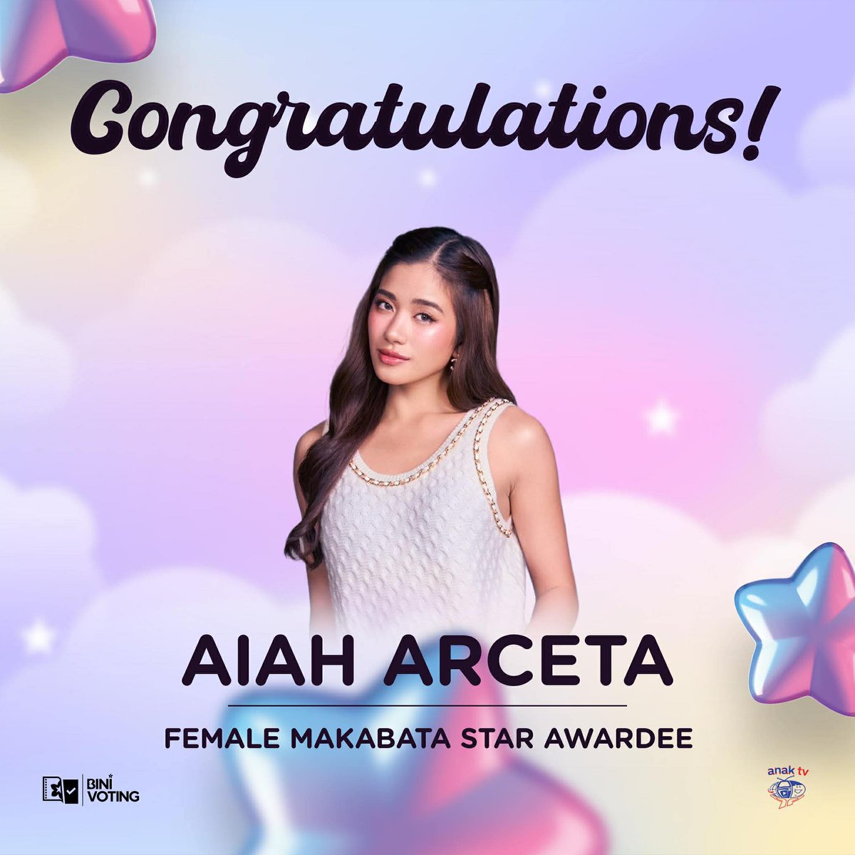[🏆] NET Makabata Star 2025 

BINI Aiah Arceta has officially been awarded as one of the Female Makabata Star Awardee at the Anak TV NET Makabata Star 2025! 🌟

This recognition celebrates Aiah’s kindness, her uplifting presence, and the genuine warmth she brings to young