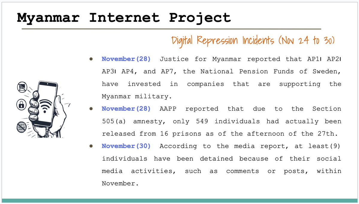 Digital Repression Incidents in Myanmar (Nov 24 to Nov 30) 

#FOE 
#InternetShutDown 
#Surveillance 
#Digital_Repression 
#WhatsHappeningInMyanmar 
#KeepItOn 
Full Report &gt;&gt;&gt; myanmarinternet.info/digital-coup