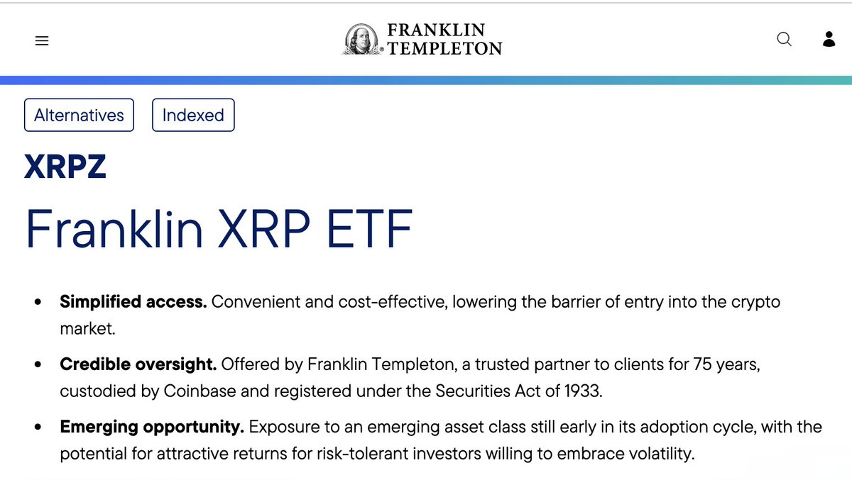 富兰克林邓普顿XRP现货ETF持仓市值首次突破1亿美元12 月2 日，富兰克林邓普顿（Franklin Templeton）官方更新旗下XRP现货ETF的持仓数据，截至12月1日该ETF的XRP持仓量已达到53,219,913.35枚（由Coinbase  Custody负责托管），持仓市值首次突破1亿美元，触及107,079,530.05 ...