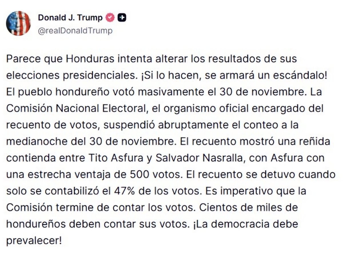 Trump a vuelve a meterse en las elecciones en Honduras. La candidata Rixi Moncada a su vez denuncia que 543.478 de los votos contabilizados están sin biometría. El CNE por su parte no sigue actualizando datos. La situación se enturbia con el correr de las horas.