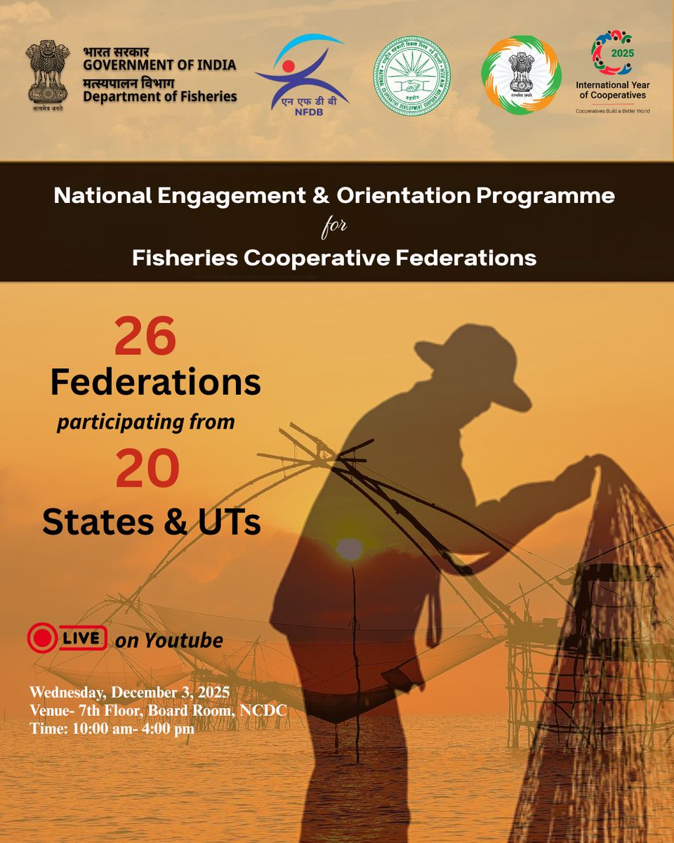 mdncdc's tweet image. ⏳ Only 1 day left!
We’re bringing together 26 Fisheries Cooperative Federations from 20 States &amp;amp; UTs for a transformative National Engagement &amp;amp; Orientation Programme.
Don’t miss the action — watch it LIVE on our YouTube channel!
Be part of this national initiative — join us live…