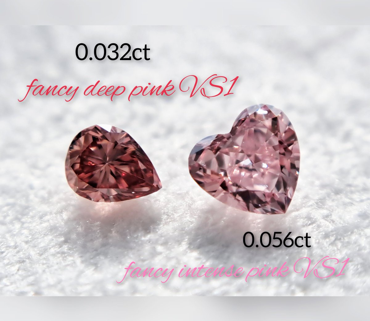販売準備中 美ピンクダイヤ2石 左から 0.032ct fancy deep pink VS1