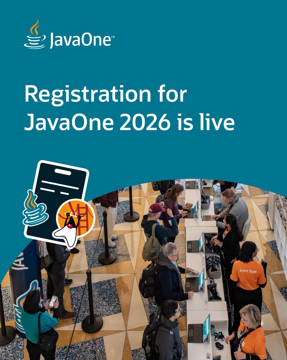 JavaOne's tweet image. Today&apos;s the day—#JavaOne 2026 registration is now live! 🥳 

Register today so you don&apos;t miss your chance to see expert-led sessions, network with the Java community, and share your love for all things Java. social.ora.cl/60197vBsR