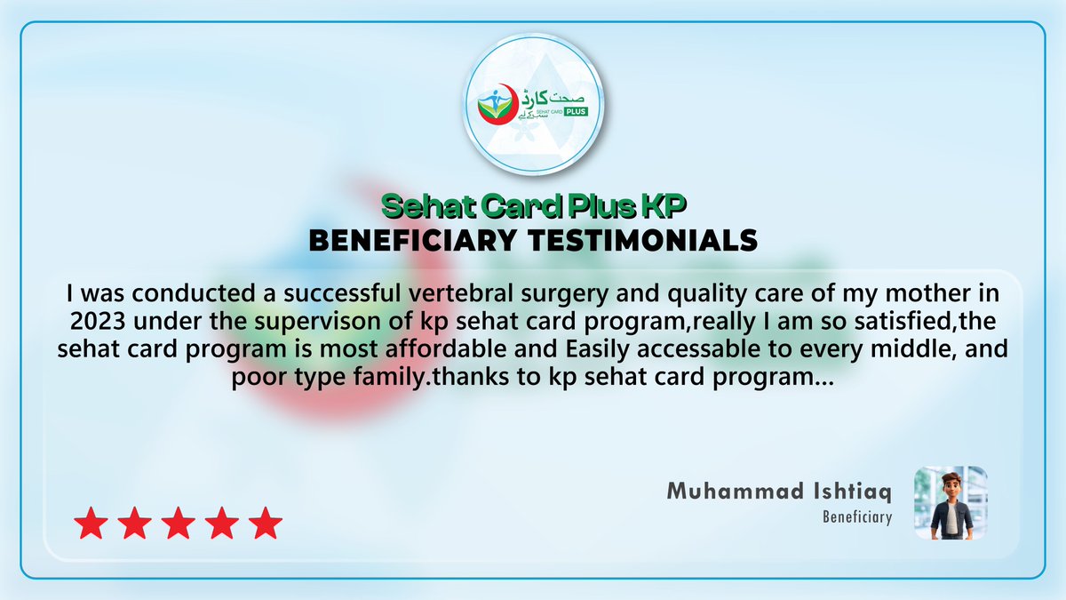 Mr. Ishtiaq's Testimonial

Share your experience with the Sehat Card Plus services by rating the care you received.

صحت کارڈ پلس کی سروسز کے بارے میں اپنا تجربہ شیئر کریں۔ آپ کی رائے ہمارے لیے قیمتی ہے اور ہمیں بہتر سروس فراہم کرنے میں مدد دیتی ہے۔

sehatsahulat.com.pk/product/rate-y…