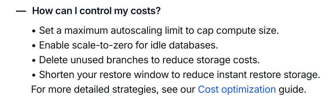 有個過於離譜的細節,Neon 對新建立的項目預設1-8 CU,而計費公式是:帳單= CU * 時間。也就是說,對於測試項目或剛啟動的項目,1-8 完全是在浪費錢。
我做了幾個優化測試,再跑一個月看看:
- 把不重要的資料庫最大CU 調到