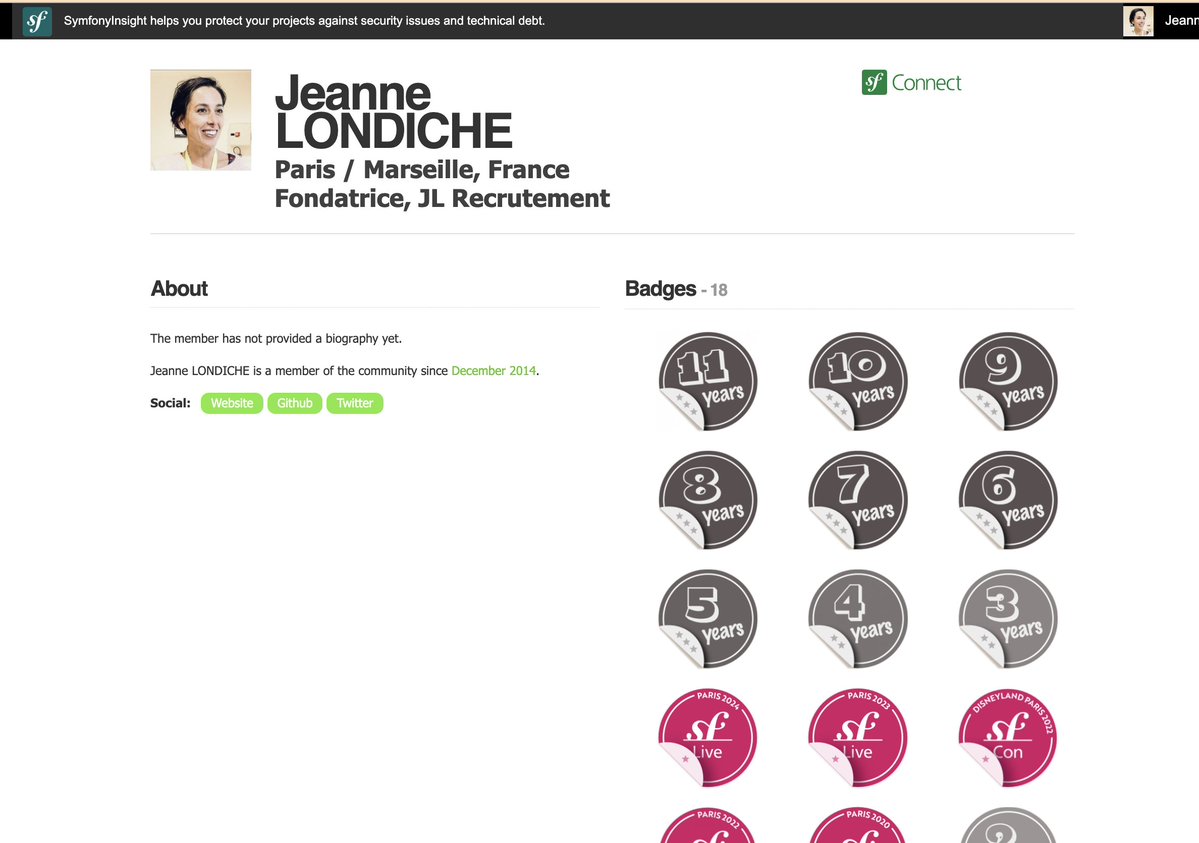 jlondiche's tweet image. Je viens d&apos;obtenir le badge des 11 ans de Symfony connect ! #Symfony