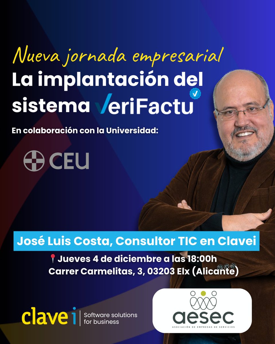 CLAVEi's tweet image. 📅 El 4 de diciembre hablamos de #VERIFACTU en Elche
Con CEU, AESEC, CEV y expertos de Clavei analizamos este cambio clave en facturación 🧾

🎟️ Plazas limitadas: hubs.ly/Q03Wn-5T0

#ClaveiTD #SoftwareSolutions #Pymes