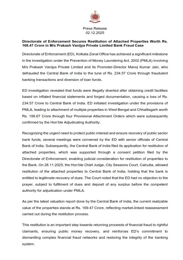dir_ed's tweet image. ED, Kolkata Zonal Office has achieved a significant milestone in the investigation under PMLA, 2002 involving M/s Prakash Vanijya Private Limitedand its Promoter-Director Manoj Kumar Jain, who defrauded the Central Bank of India to the tune of Rs. 234.57 Crore through fraudulent…
