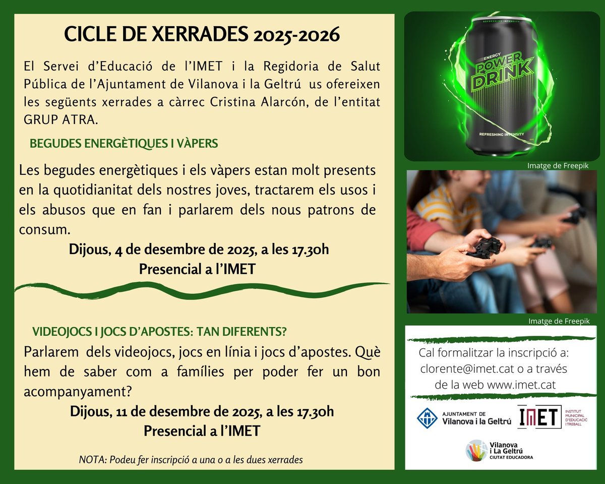 imetvng's tweet photo. Cada cop més joves consumeixen BEGUDES ENERGÈTIQUES I VÀPERS ⚡️💭 però saps quin impacte tenen realment per la salut?
RECORDEU Aquesta setmana la primera #xerrada 🗣 del mes de desembre del Servei d'#Educació de l'IMET
Més informació ⤵️
🔗 https://t.co/Q4FkMw7Spp https://t.co/pDY2cB5HzC