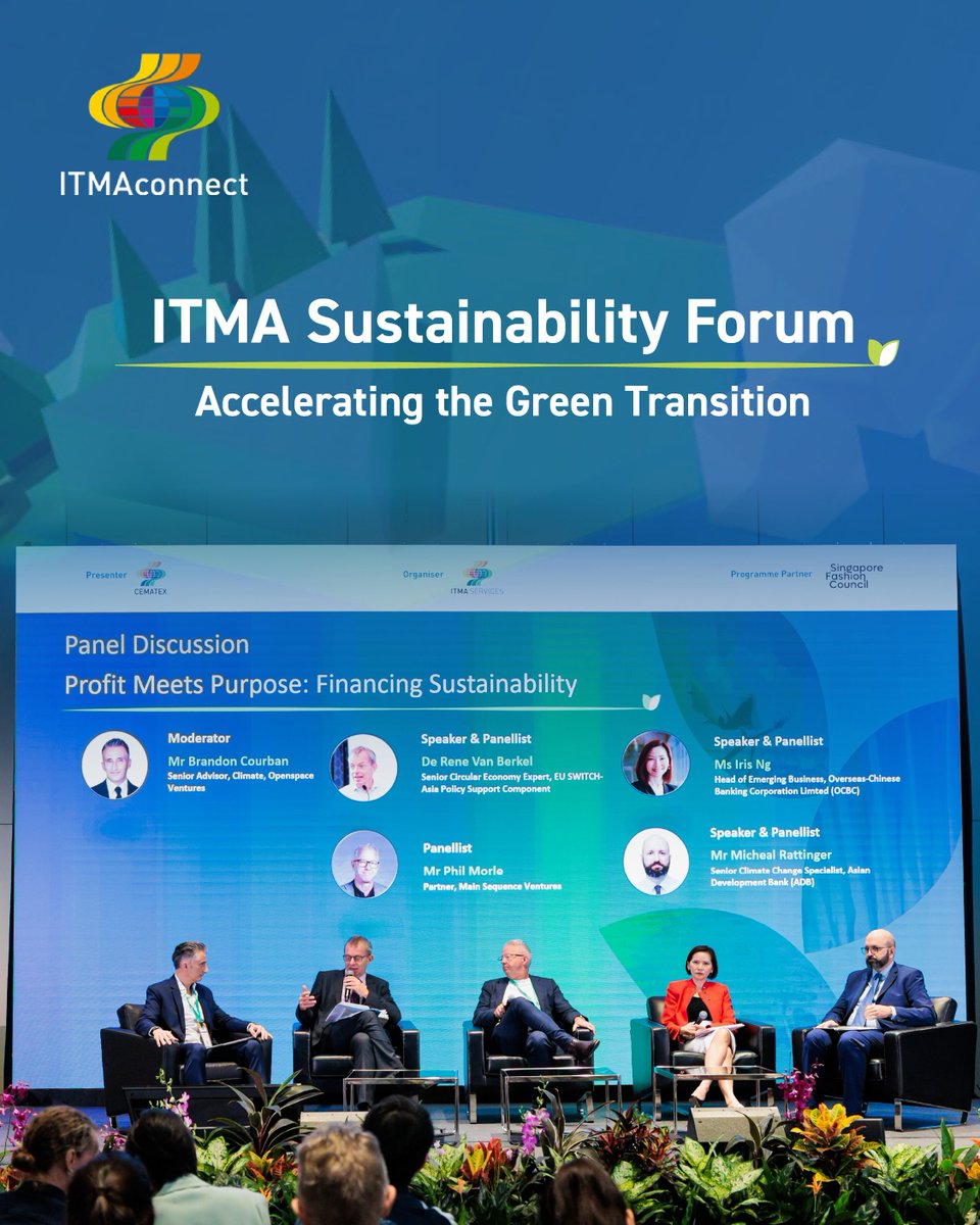 ITMA2027's tweet photo. Shaping the industry’s green future, the first ITMA Sustainability Forum brought industry leaders together to share insights on EU regulations, green finance and circularity.

Watch on-demand: https://t.co/CrsL22f9cr https://t.co/B2F6Dk9LBW
