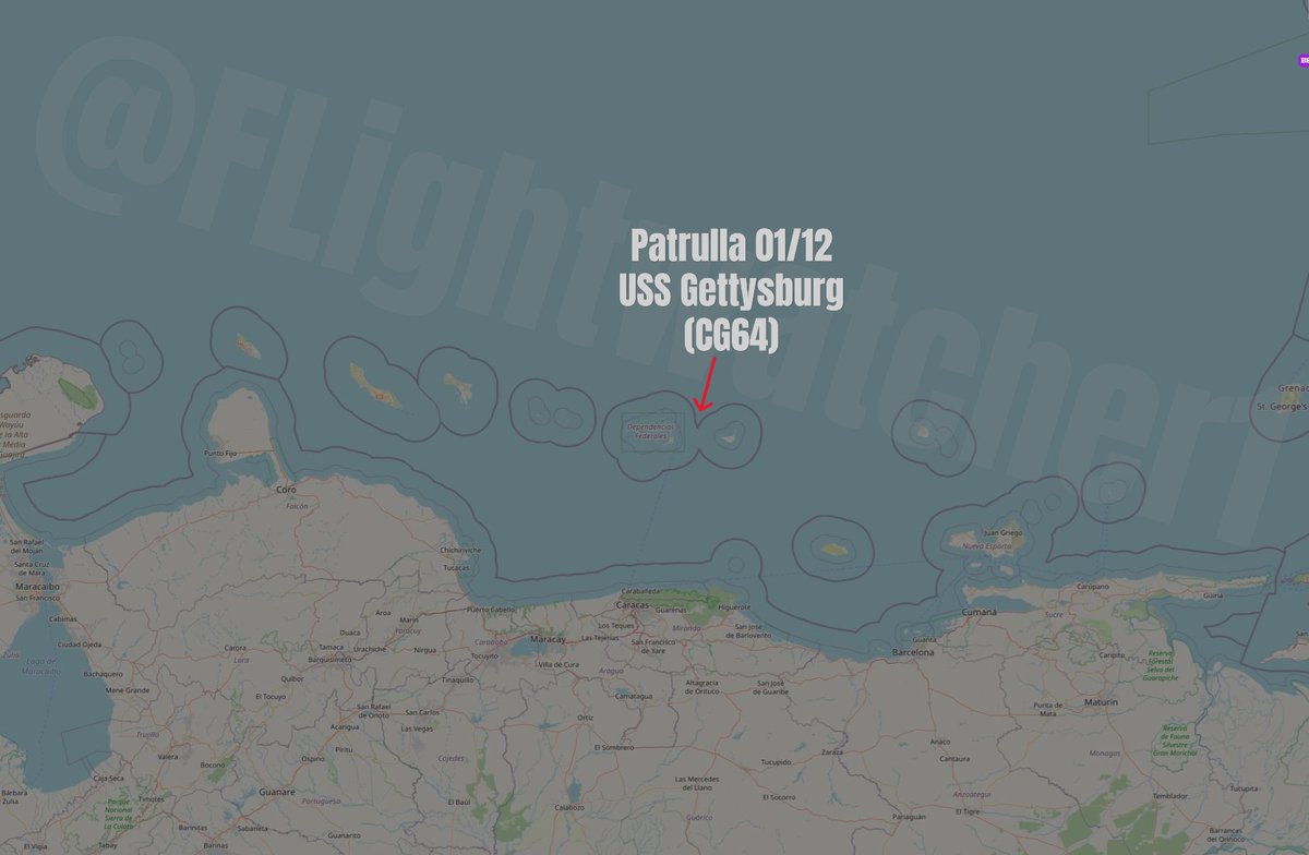 Flightwatcher1's tweet image. El día de ayer, 01/12, el USS Gettysburg (CG-64) realizó una pequeña patrulla por el reducido espacio de aguas internacionales al norte de Los Roques 🇻🇪 y La Orchila 🇻🇪.
#SOUTHCOM #USNavy #Venezuela