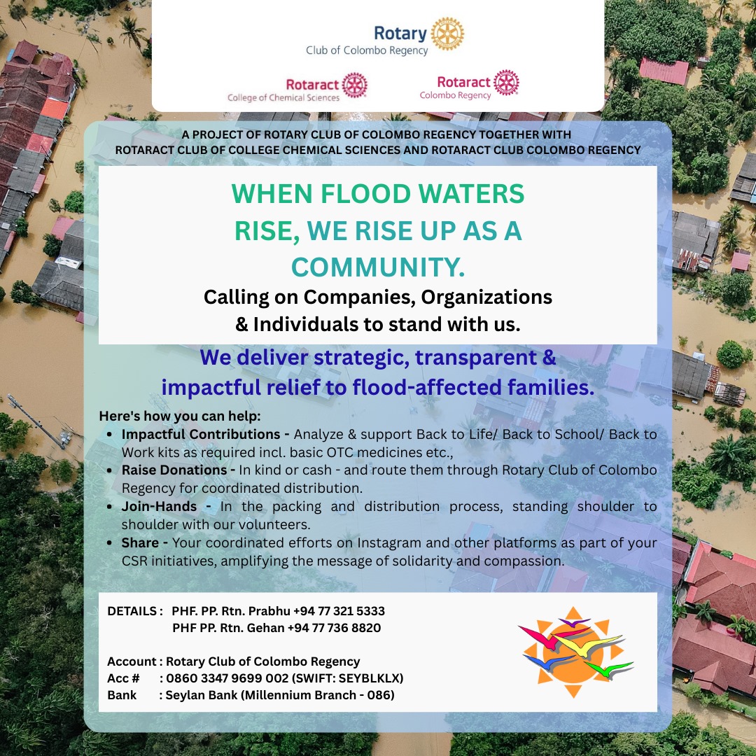 CMB_Regency's tweet image. RCCR is taking action at ground level with Flood Relief Efforts to help citizens adversely impacted due to Cyclone Ditwah. 

Join hands to provide essential relief &amp;amp; support to flood affected communities

#rotary #FloodRelief #rccr #ServiceAboveSelf #RotarySriLanka #rotaryregency