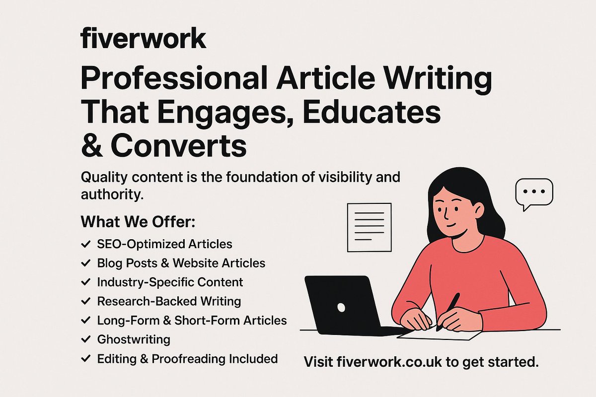 fiverwork5's tweet photo. Boost your brand with well-researched, SEO-optimized articles from fiverwork. Clear, engaging content for blogs, websites, and businessesโcrafted to inform, attract, and convert. Visit: https://t.co/pw5PVu97eo
#Fiverwork #ArticleWriting #ContentCreation #SEOContent #BlogWriting https://t.co/JYZH1ceGCo