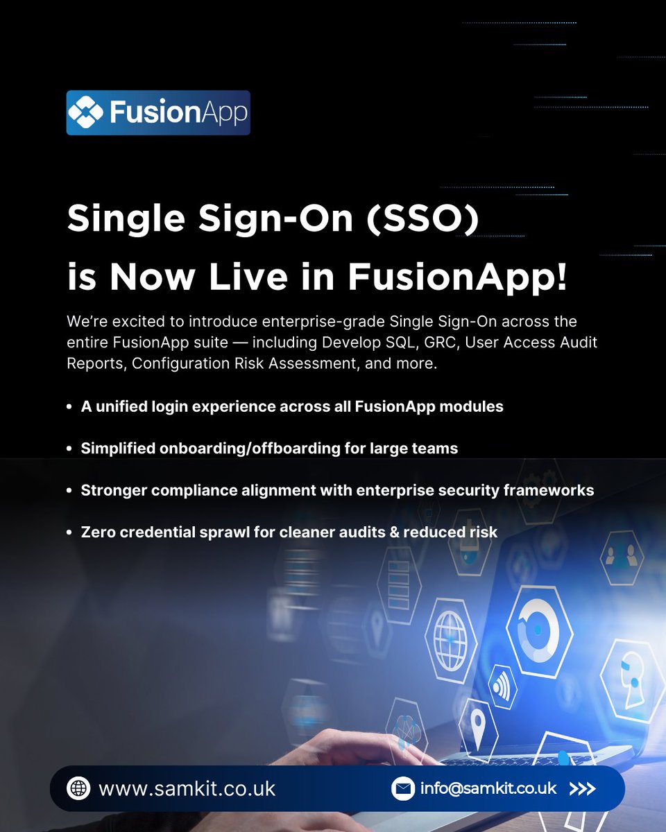 samkitinfoltd's tweet image. Single Sign-On (SSO) is now live in FusionApp.
 You may request access directly by visiting: samkit.co.uk or booking a meeting with us from calendly.com/atul_jain/30-m…
#OracleERP #OracleCloud #SSO #SingleSignOn #CyberSecurity #IdentityManagement #ERPInnovation #DevelopSQL