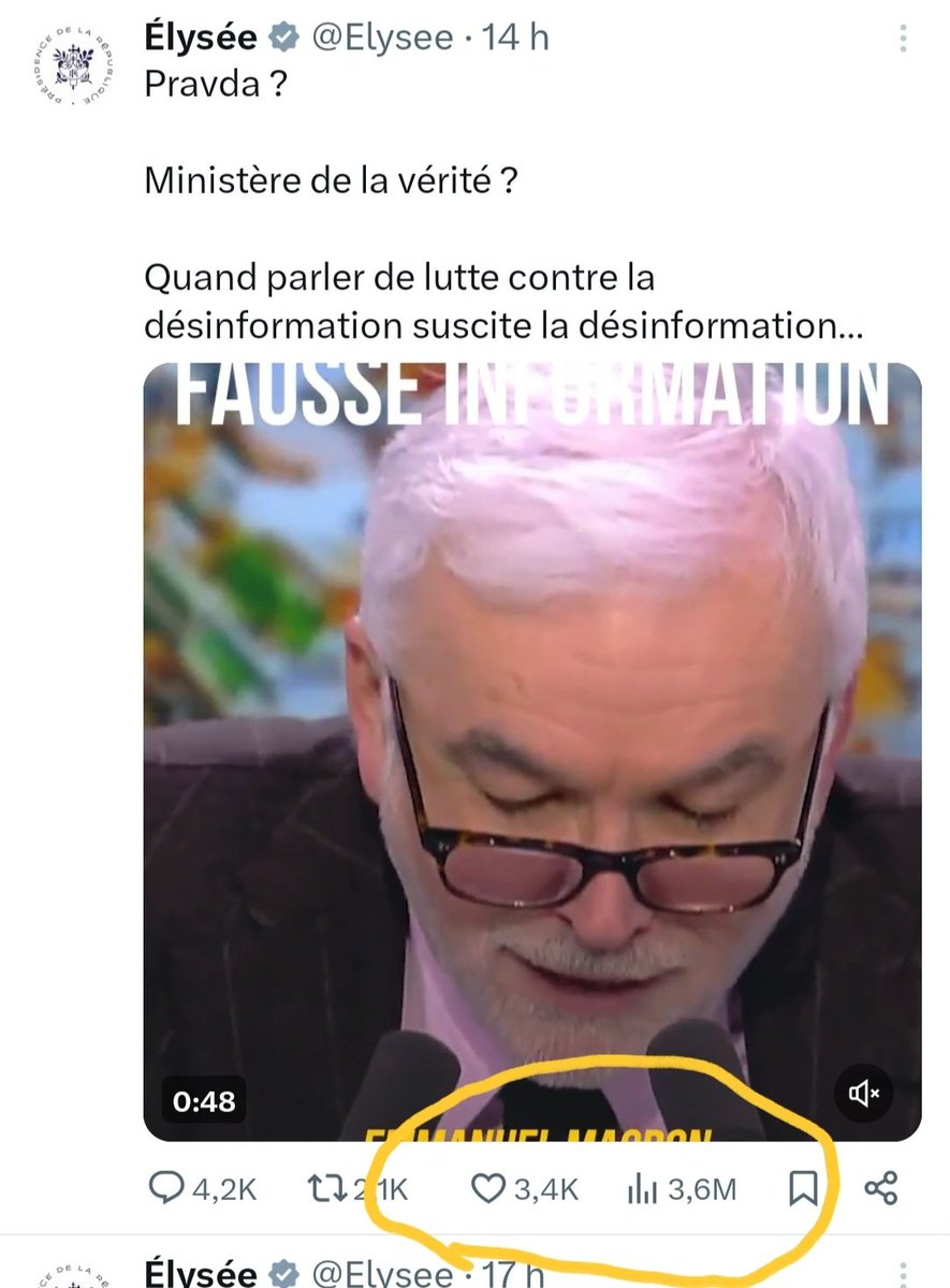 🚨Le tweet de l'Élysée sur la "désinfo" ?🚨🚨📣📣📣📣📣

Un fiasco total : 3,84 millions de vues pour à peine 3 467 likes. 
Ratio 1/1107  un océan de dégoût face à un désert d'approbation. 
En gros, pour chaque like, 1 100 personnes ont vu ce ramassis de propagande et ont fui en