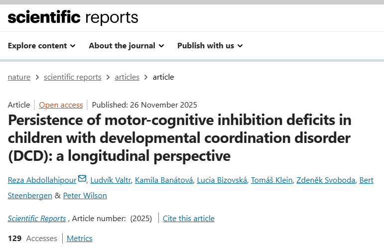 ftk_up's tweet photo. 👏 Huge congrats to the team led by R. Abdollahipour & L. Valtr on their new open-access paper in @SciReports on persistent motor–cognitive inhibition deficits in children with DCD. Longitudinal evidence that moves the field forward. Brilliant work! 🔬🧠#CzechScienceFoundation 🙏 https://t.co/bstgF6dBbp