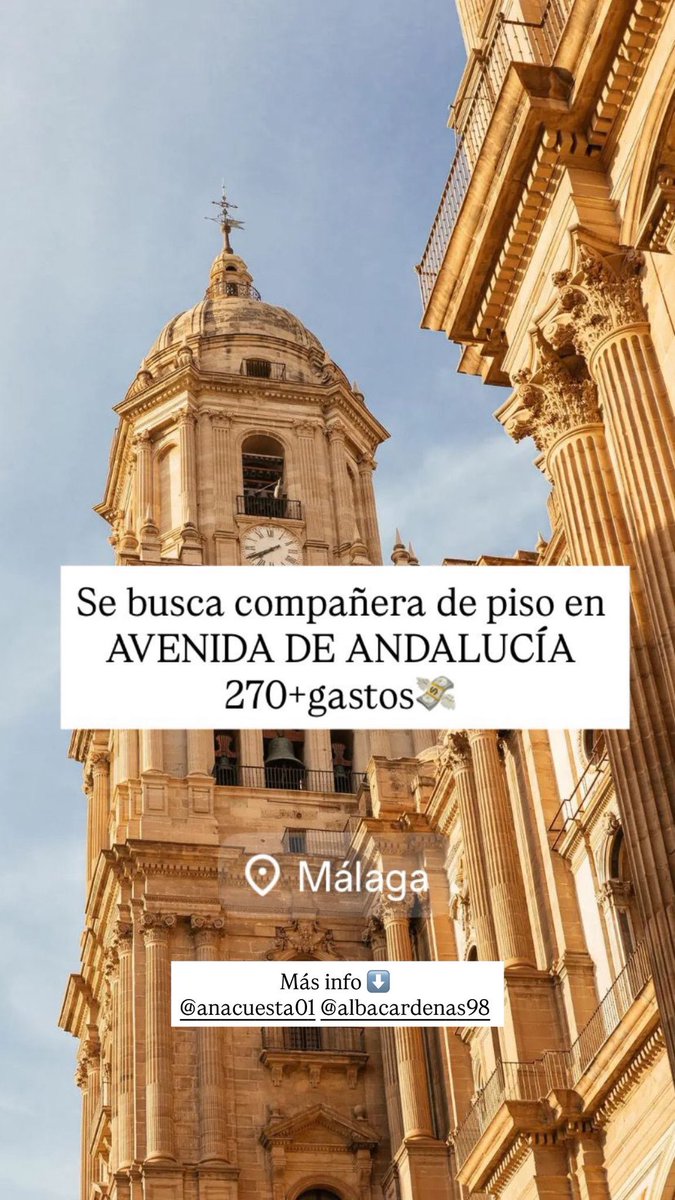 Se busca compañera de piso en Málaga. Piso de 3. Se alquila habitación individual. 270€ + gastos. Solo chicas y preferiblemente trabajadora. Av. Andalucia. Entrada en Enero.