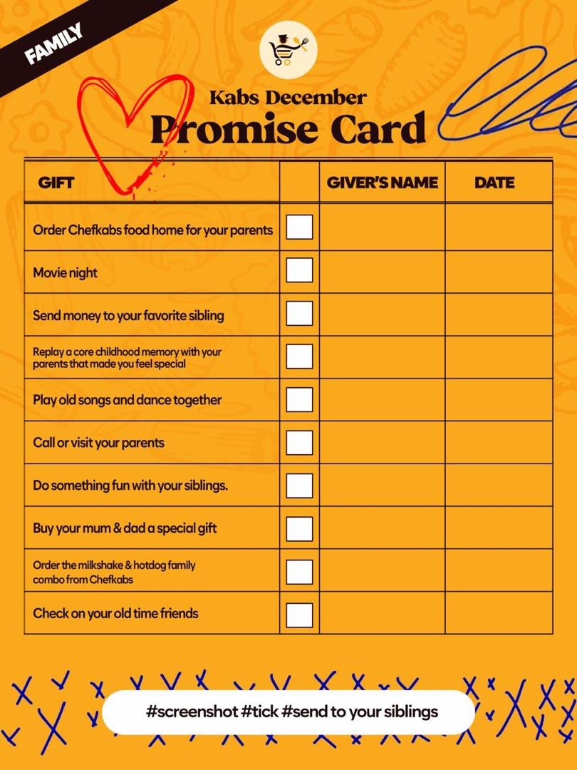 thechefkabs's tweet image. The Kabs December Promise Cards just dropped! 🥳

💖 Self Love, Romance, Family, &amp;amp; Best Friends.

Screenshot your card, tick a promise (like Buy a plate of Chefkabs pasta!), and tag the person you&apos;re making it for. Let the love begin!💛

#KabsPromiseCard #DecemberChallenge