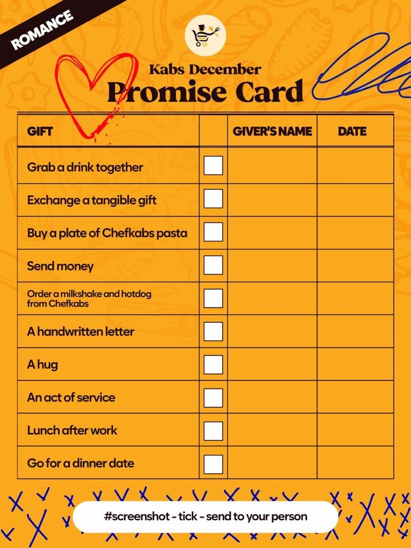 thechefkabs's tweet image. The Kabs December Promise Cards just dropped! 🥳

💖 Self Love, Romance, Family, &amp;amp; Best Friends.

Screenshot your card, tick a promise (like Buy a plate of Chefkabs pasta!), and tag the person you&apos;re making it for. Let the love begin!💛

#KabsPromiseCard #DecemberChallenge