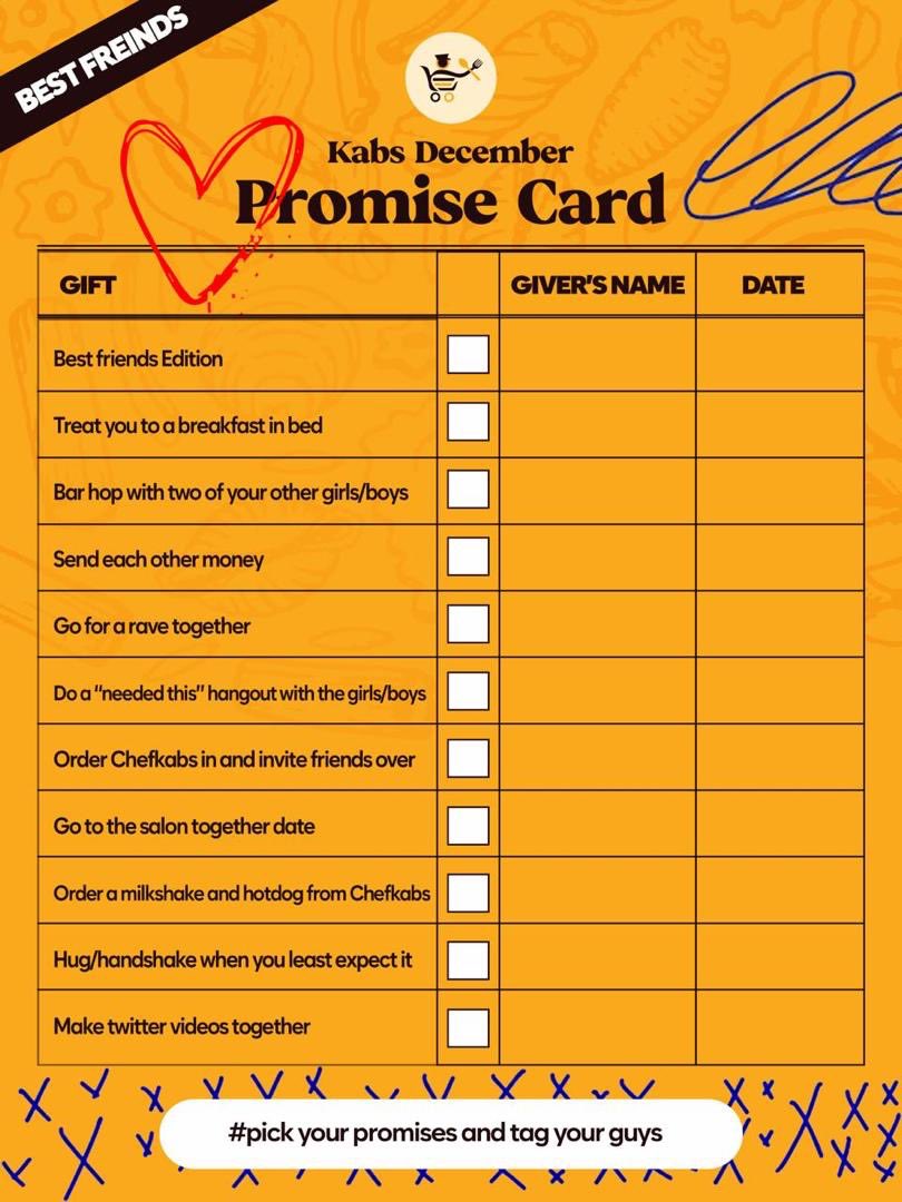 thechefkabs's tweet image. The Kabs December Promise Cards just dropped! 🥳

💖 Self Love, Romance, Family, &amp;amp; Best Friends.

Screenshot your card, tick a promise (like Buy a plate of Chefkabs pasta!), and tag the person you&apos;re making it for. Let the love begin!💛

#KabsPromiseCard #DecemberChallenge