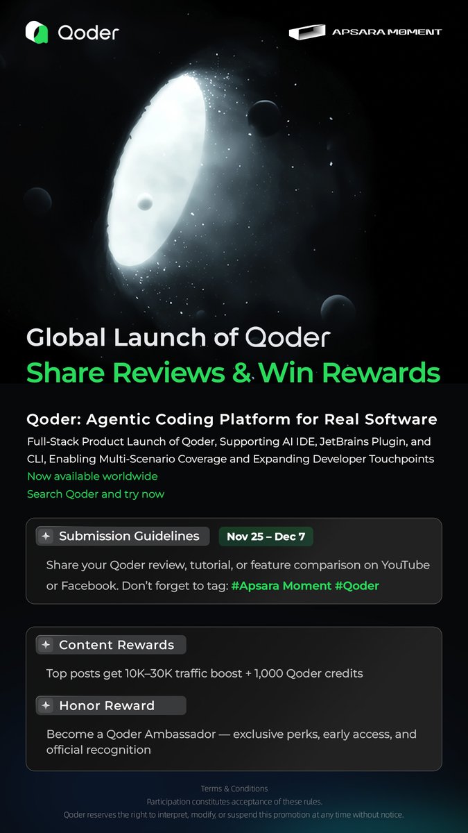 alibaba_cloud's tweet photo. 🚀 Qoder Global Launch Creator Challenge is still on!
Share your Qoder review/tutorial/feature comparison on YouTube or FB — tag #ApsaraMoment #Qoder.
🎁 Top posts: 10K–30K traffic boost + 1,000 credits
🎯 Chance to be Qoder Ambassadors
⏳ Don't miss out: https://t.co/WcZTmUzrHh https://t.co/Bowod4LONU