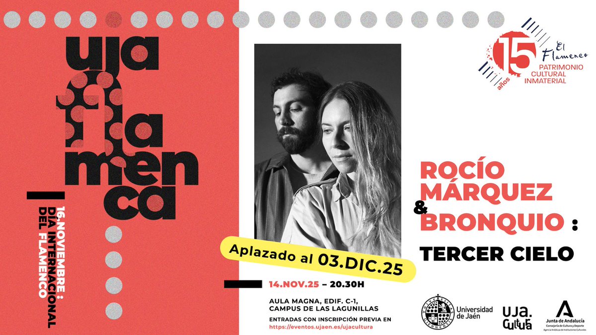 Os recordamos que mañana miércoles tendrá lugar a las 20:30 horas en el Aula Magna de la <a href="/ujaen/">Universidad de Jaén</a>  el espectáculo “Tercer cielo”, de Rocío Márquez y Bronquio.

La entrada es gratuita, previa inscripción, en este enlace: entradascultura.ujaen.es/par-public/res…