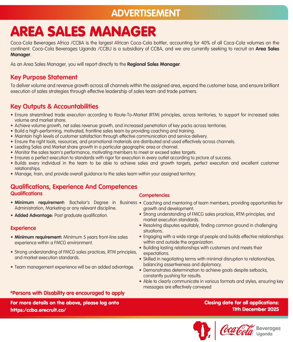 CocaColaBevUg's tweet image. Your next power move is here. Join Coca-Cola Beverages Uganda as an Area Sales Manager and lead the charge in driving sales growth across key markets. 

Apply before 11th December 2025

#RefreshUG
#RealMagic
#CCBU