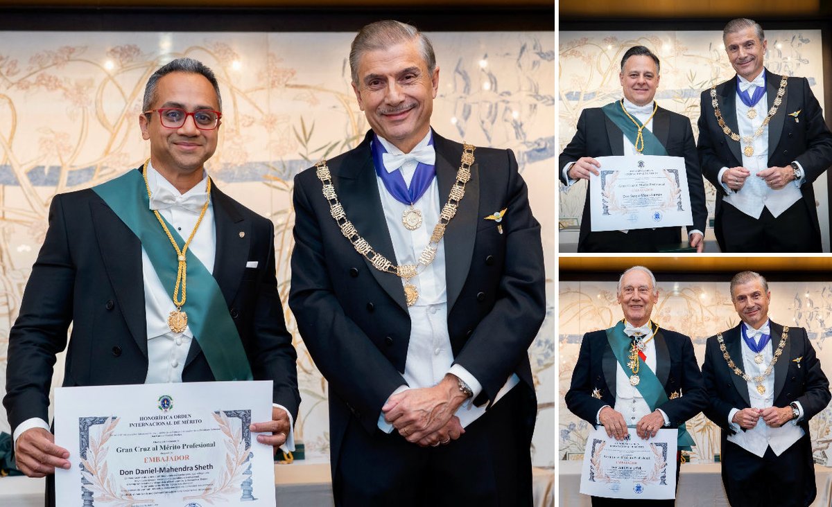 En la #Gala de la Honorífica Orden Internacional de Mérito se condecora con la «Gran Cruz al Mérito Profesional en Grado de Embajada» a:

Excelentísimo Sr. Don Daniel Sheth
Excelentísimo Sr. Don Sergio Maya Alemán
Excelentísimo Sr. Don Juan Prat y Coll

🌐 oimerito.com