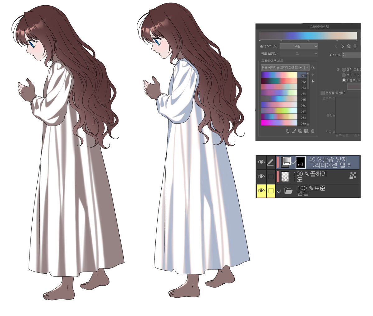 1도 명암은 옷따로 피부따로 등등 따로따로 진행하지 않고 한 레이어에 모두 작업 후 후보정시 특정부분(옷 등)만 그라맵을 주는 방식으로 바꾸어도 효율적이고 예쁘더라구요 ~.~ 예시는 흰색 옷일때.