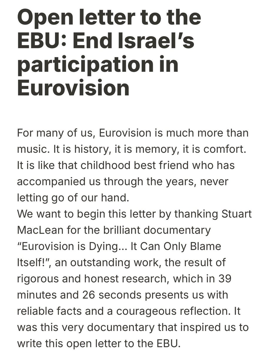 Hi everybody.

Here's an open letter to EBU you can read and sign on.

Many big Eurovision creators have signed it. And also artists.

Push and save our beloved Contest by sign your name to it.

Thank you! 💖 #Eurovision

The open letter:
tally.so/r/nWyZXL?fbcli…