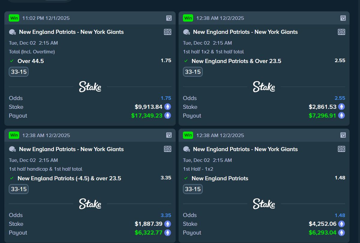 SpicerQQ's tweet image. Surprisingly low limits for me for the NFL. All 4 bets were the "max" bet that Stake allowed. Where did the limits go? Afraid to take NFL action or what? WTF? Stake losing aura 😭