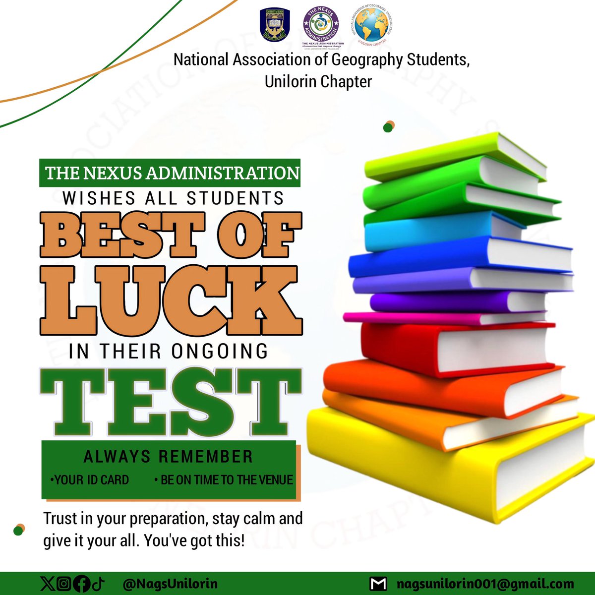 Nagsunilorin001's tweet image. TEST WEEK IS HERE! 
Wishing all Geography students the very best in their tests! 💚  
You’ve studied hard, now go and give it your best shot!  
✅Be punctual  
✅Carry your ID  
✅Walk in with confidence - you’ve got this!  

#NexusCares #TestWeek #NAGSUnilorin
