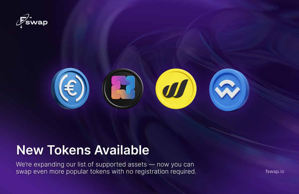 ⚡️New Tokens Available on Fswap!

We’re expanding our list of supported assets — now you can swap even more popular tokens with no registration required.

Recently added:
🟣EURC (EURC) — top 131 CMC — $85.35M (Solana)
🟣WalletConnect Token (WCT) — top 688 CMC — $37.6M (Solana)
