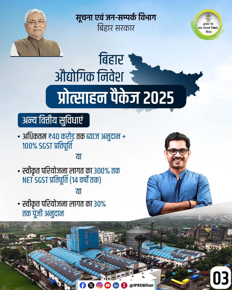 IPRDBihar's tweet photo. बिहार में उद्योग लगाना अब हुआ आसान

बिहार सरकार के औद्योगिक निवेश प्रोत्साहन पैकेज 2025 के तहत सिर्फ ₹1 की टोकन राशि पर मिलेगी उद्योग स्थापित करने हेतु भूमि।

ब्याज अनुदान और SGST प्रतिपूर्ति भी, हर सुविधा अब एक ही पैकेज में।

आज ही आवेदन करें:
https://t.co/4DTUmgP672

अधिक जानकारी के लिए कॉल करें: 18003456214
आवेदन की अंतिम तिथि: 31.03.2026

@IndustriesBihar 
@BIADAbihar 
@DilipJaiswalBJP 
#BiharIndustrialInvestmentPromotionPackage2025
#InvestInBihar 
#FreeIndustrialLand
#InvestmentOpportunity
#BiharGovernment

[ Bihar Industrial Investment Promotion Package 2025 | Free Industrial Land | Investment Opportunity | Bihar Government ]