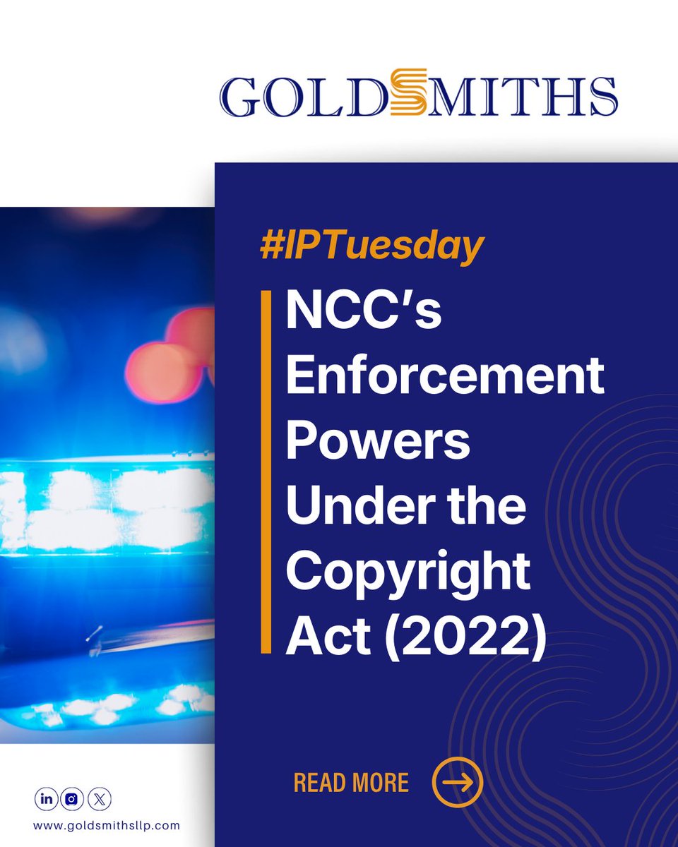 GoldsmithsLLP's tweet image. For #IPTuesday, we are highlighting the expanded enforcement powers of the Nigerian Copyright Commission (NCC). 

The Copyright Act 2022 was enacted to modernize legal protections for creative works, specifically within the digital environment.

#GoldsmithsLLP