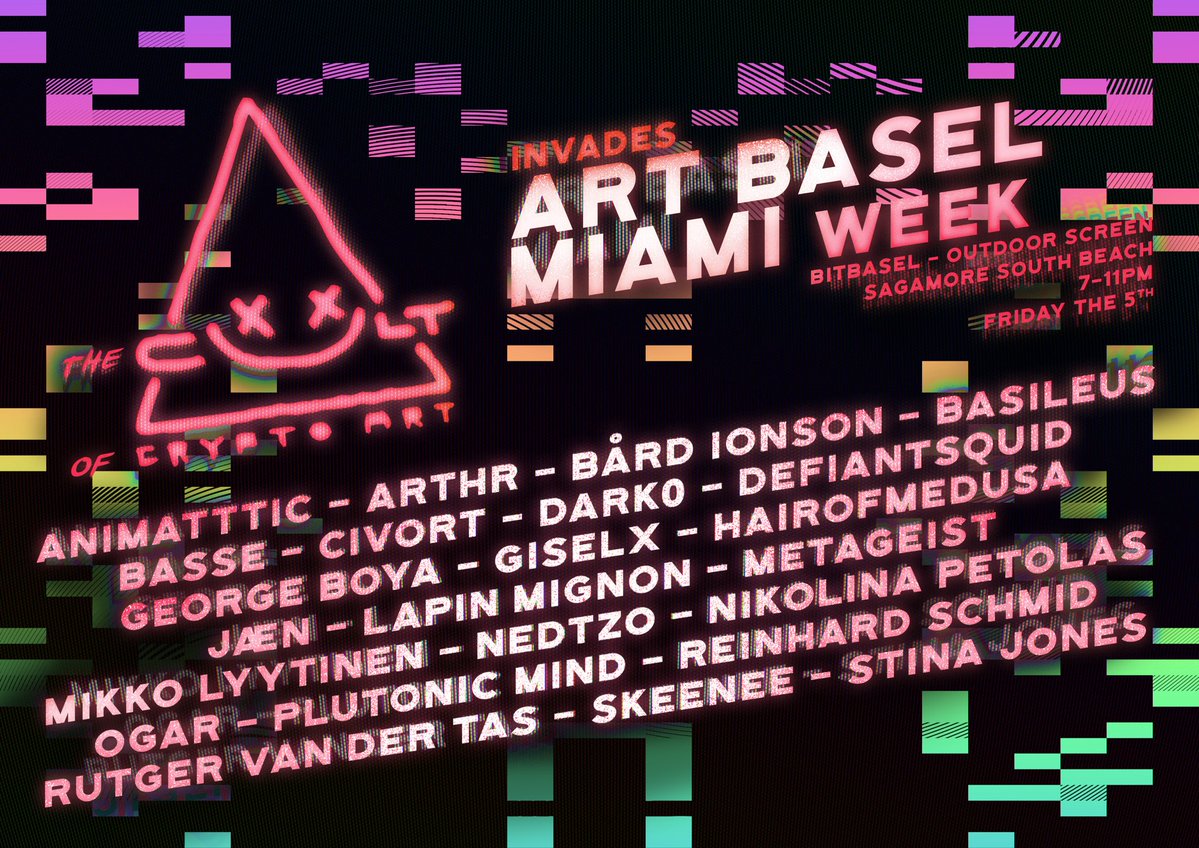 CultCryptoArt's tweet image. gcm 🔺️
We got some unholy Cult art desecrating Art Basel Miami at @bitbaselart this Friday. But it could be just a rumour.