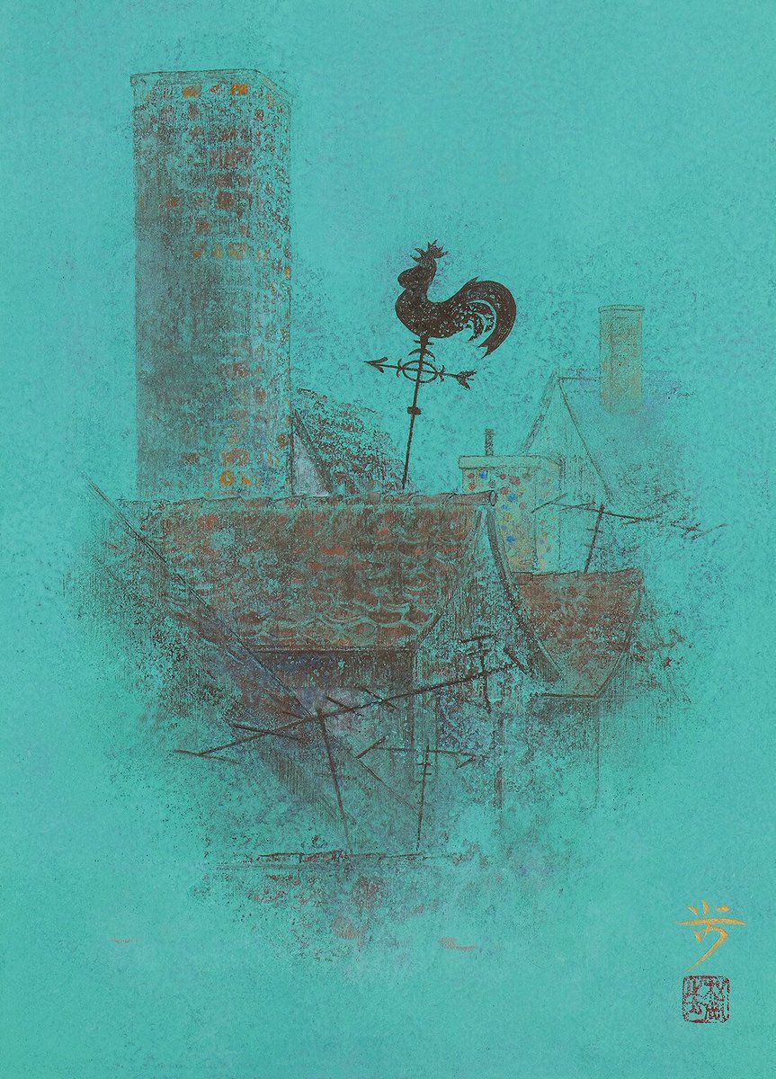 « Wetterhahn - Bamberg » (2015)🐦‍⬛
Japanese-style painting by Ayumu Matsuoka
(@ matsuoka_ayumu on IG)
ayumu-matsuoka.com

#nihonga #art #weathercock #girouette