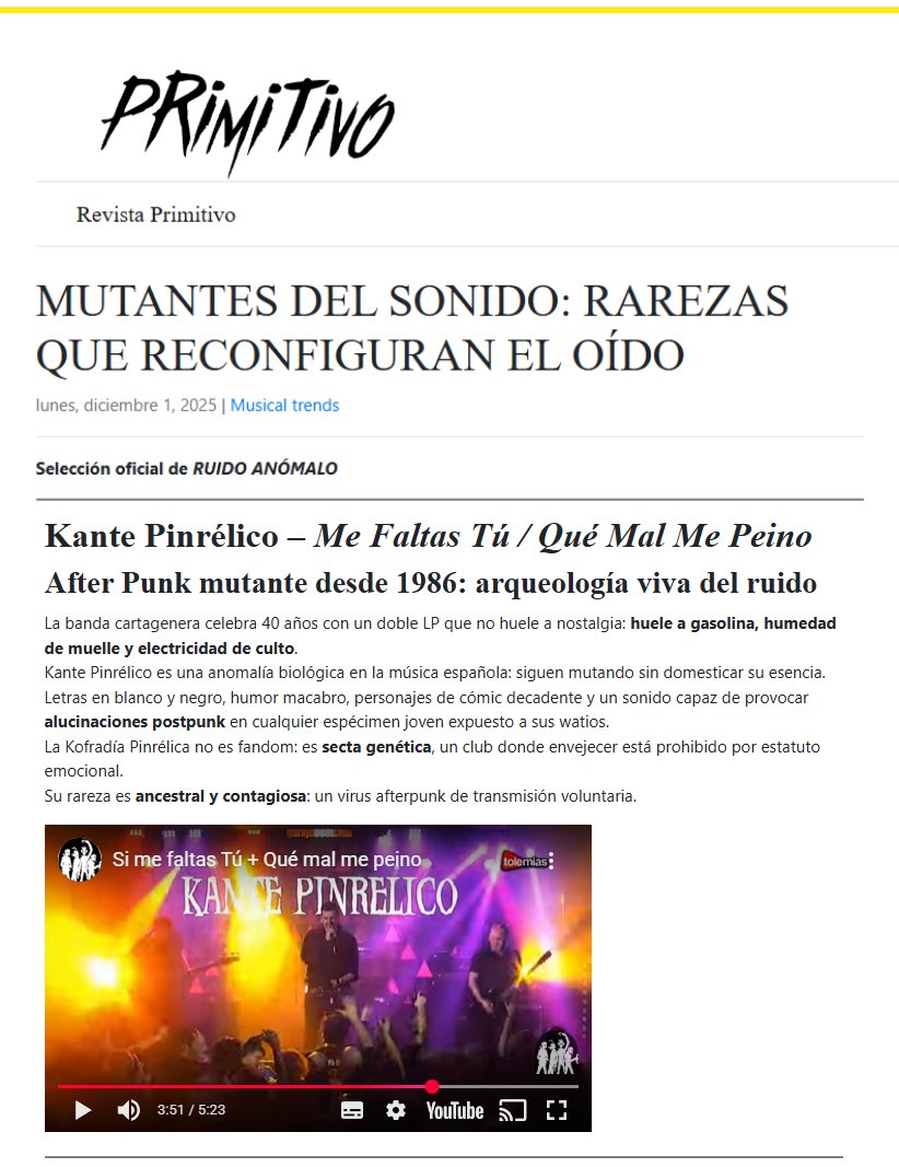 primitivo.com.co AfterPunk mutante desde 1986 arqueología viva del ruido. La Kofradía Pinrélica no es fandom: es secta genética, un club donde envejecer está prohibido por estatuto emocional. Su rareza es ancestral y contagiosa: un virus afterpunk de transmisión voluntaria