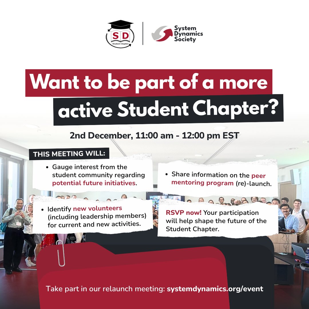 systemdynamics_'s tweet image. HAPPENING TODAY! ▶️ Relaunch meeting of Student Chapter!👨🏼‍🎓

📅 December 2 @ 11:00 am - 12:00 pm EST
🔗 RSVP: ow.ly/q7Pk50XAvcZ
👥 Get to know the Student Chapter: ow.ly/Aesk50XAvcX

#SystemDynamics #systemsthinking