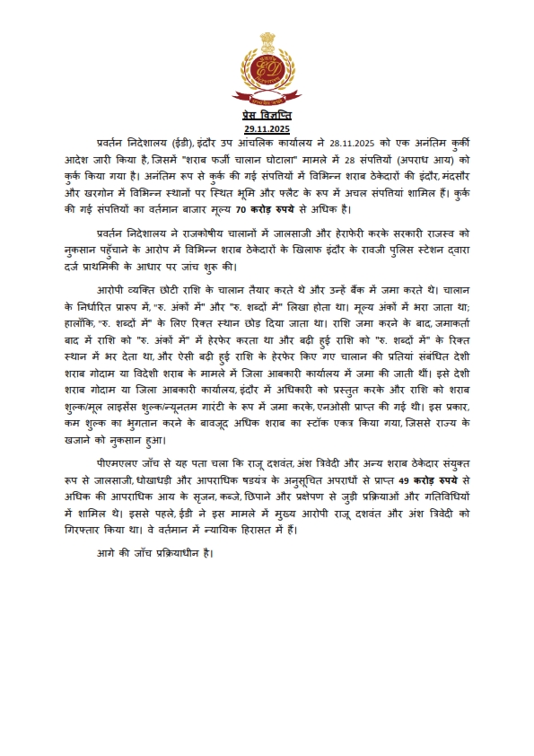 dir_ed's tweet image. ईडी, इंदौर ने &quot;शराब फर्जी चालान घोटाला&quot; मामले में पीएमएलए, 2002 के अंतर्गत विभिन्न शराब ठेकेदारों की इंदौर, मंदसौर और खरगोन में विभिन्न स्थानों पर स्थित भूमि और फ्लैटों के रूप में 28 अचल संपत्तियों को 28.11.2025 को अनंतिम रूप से कुर्क किया है। कुर्क की गई संपत्तियों का वर्तमान…