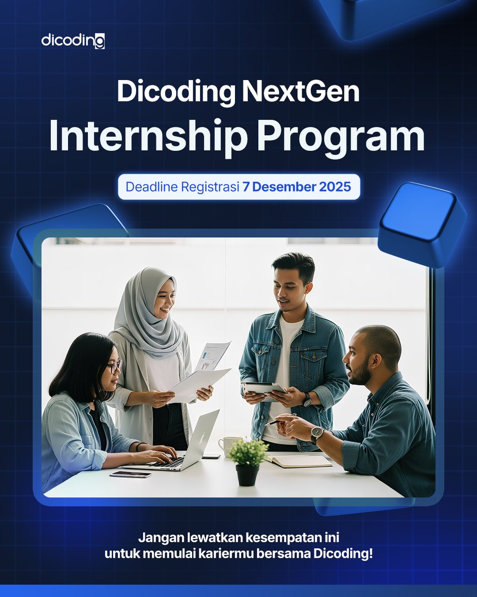 dicoding's tweet image. ✨ DICODING NEXTGEN INTERNSHIP PROGRAM! ✨

Hai fresh graduates, ini saatnya memulai karier profesionalmu bersama Dicoding!

Kami mencari talenta NextGen yang Tech Savvy, kreatif, dan siap berkembang untuk bergabung dalam program magang 6 bulan ini.

#DicodingThread