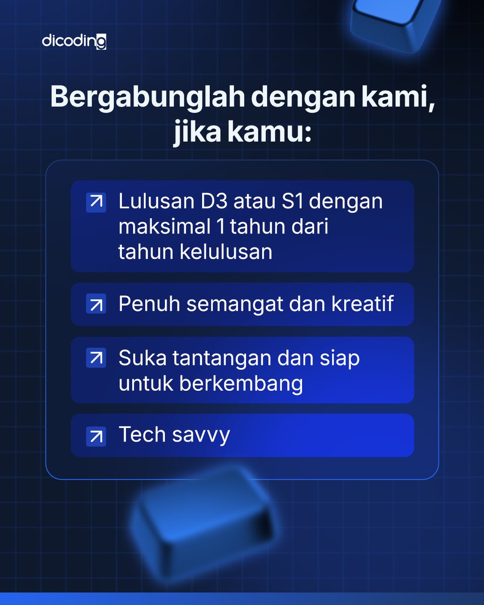 dicoding's tweet image. ✨ DICODING NEXTGEN INTERNSHIP PROGRAM! ✨

Hai fresh graduates, ini saatnya memulai karier profesionalmu bersama Dicoding!

Kami mencari talenta NextGen yang Tech Savvy, kreatif, dan siap berkembang untuk bergabung dalam program magang 6 bulan ini.

#DicodingThread