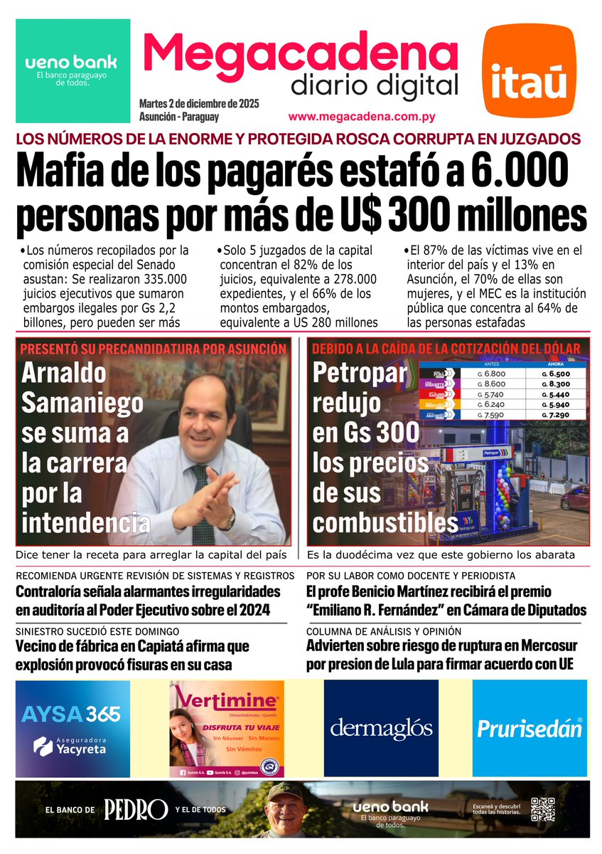 780AM's tweet image. #EdiciónMartes📰🗞🇵🇾

Titulares de la Tapa Megacadena fecha 2/12/25

¡Visitá megacadena.com.py! 💻