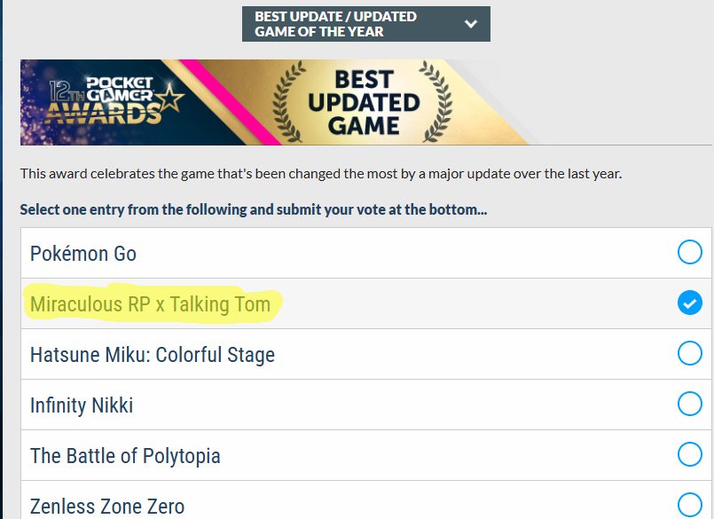 ToyaPlayStudio's tweet photo. We have been nominated for Awards!

Our Miraculous RP x Talking Tom update is up for the best update of the year. You can vote (as many times as you'd like) here: https://t.co/lwuIHZM7b7

If we win, we will release new codes! https://t.co/1bbGzqxMn1
