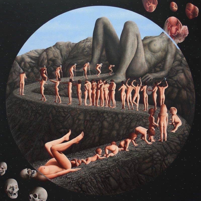 Birth, crawling, gathering, striving, ageing, returning — a single arc repeating itself in countless forms.
Not a journey forward, but a wheel turning within the same unmoving space.

The figures change, the stages shift, but the circle itself is untouched.
What silently holds