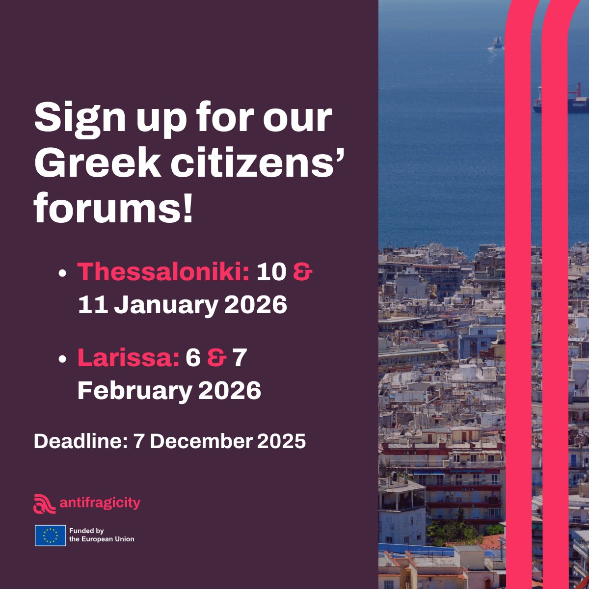 AntifragiCity's tweet image. How do we build cities that stay strong when things go wrong?

This is the heart of the #AntifragiCityForums, and we’re inviting residents in 🇬🇷 Greece (Larissa &amp;amp; Thessaloniki) to take part!

⏳Registration deadline: 7 Dec 2025

Learn more 👉antifragicity.eu/citizens-forums

@LISERinLUX